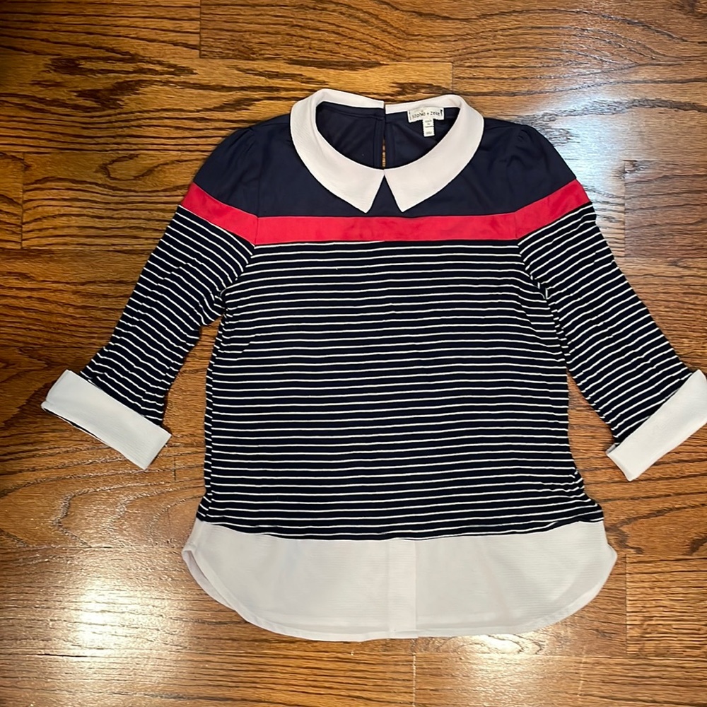 Sophia and Zeke faux dual layer shirt, navy blue and red, size kids 12 (L)